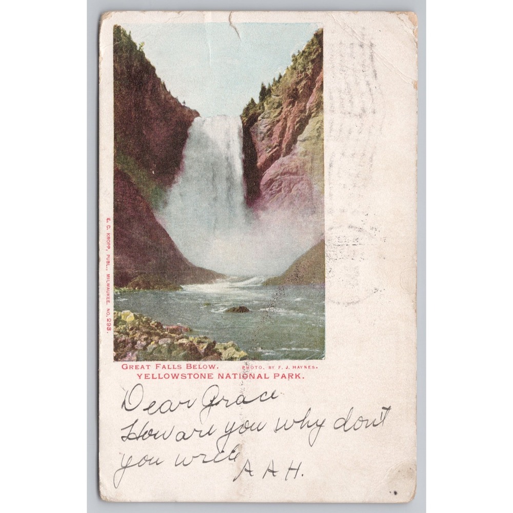 Vintage Yellowstone‎ Postcard Posted 1906 FJ Haynes UDB Great Falls EC Kropp Red
